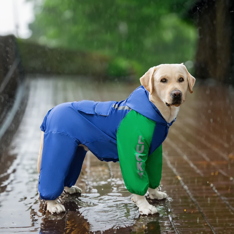 Fast Shipping Wholesale Manufacturer Blue Taffeta PVC Waterproof Pet Clothes 4-legged Dog Jumpsuit Raincoats for Large Breed