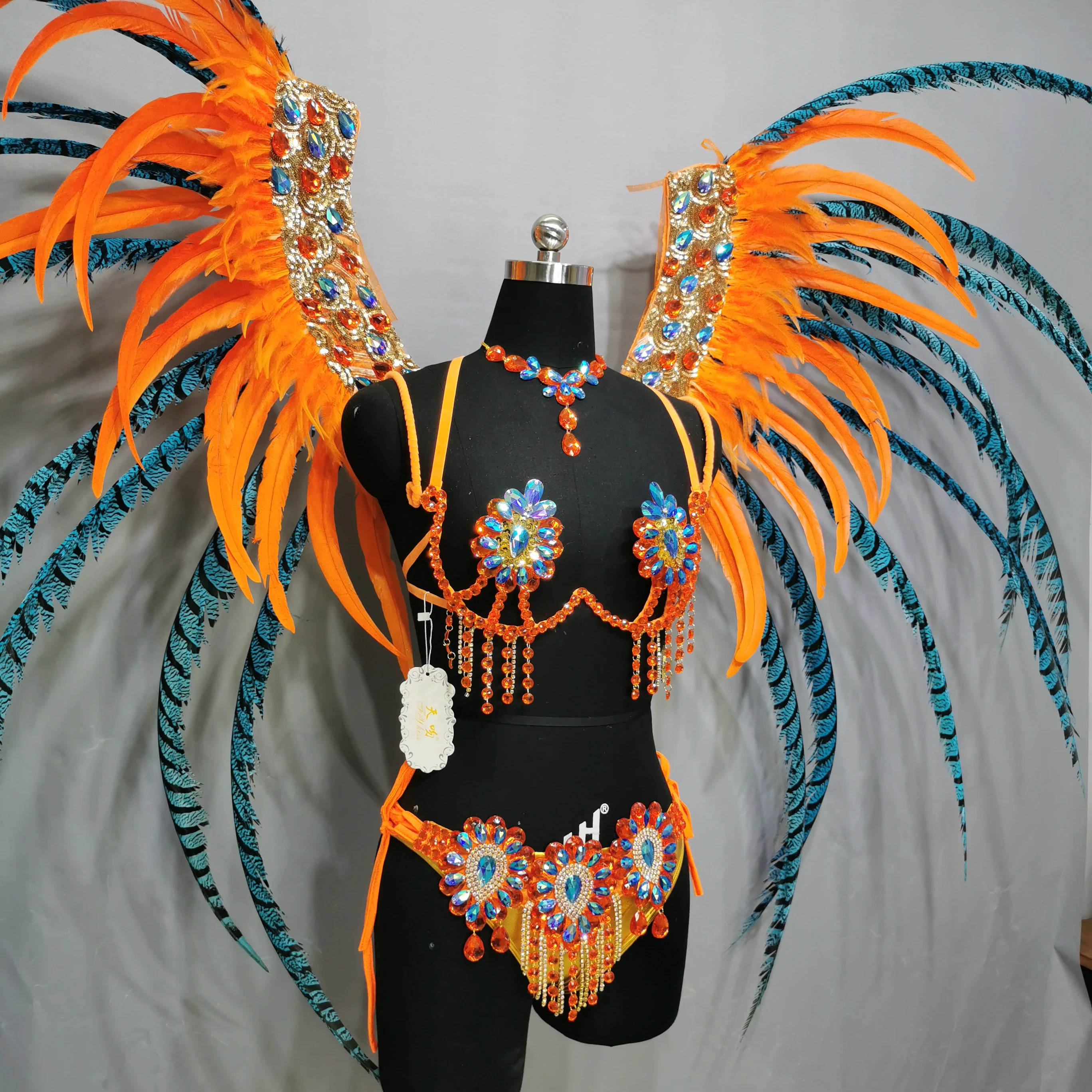 Luxury Sparkly Handmade Samba Dance Costume Rio Carnival Wire Bra+Panty+Feather Headdress With Stone Sexy Belly