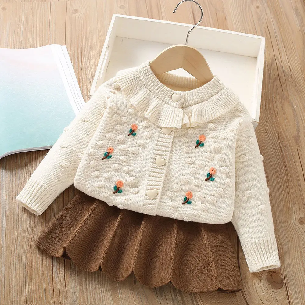 Toddler Girl Knitted Skirt Thick Needle Woolen Boutique Embroidery Two Piece Sweater Set Skirt