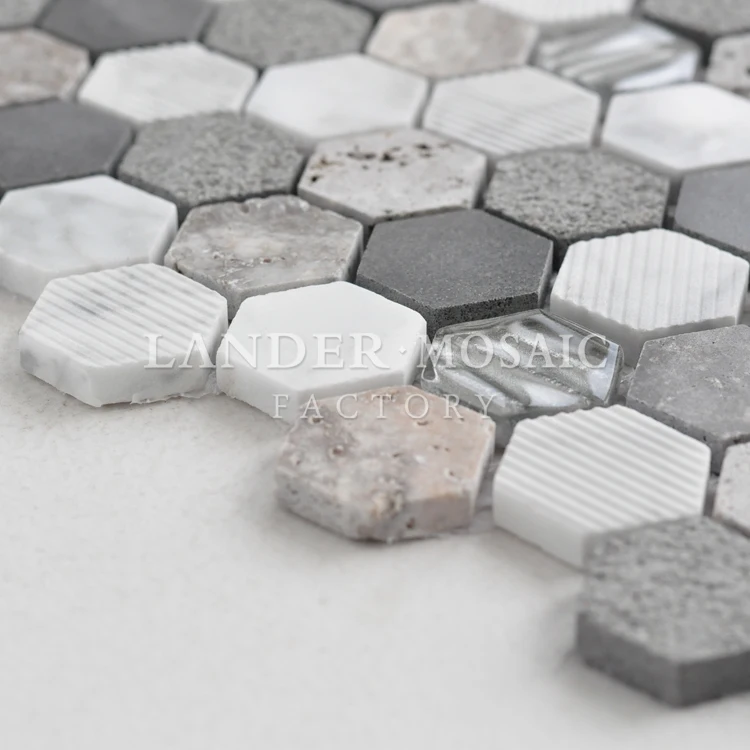 Ready to ship marble with glass hexagon 3d looking mosaic tile