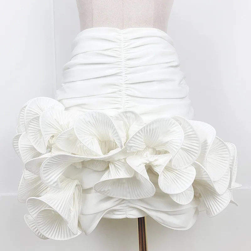 New French niche design heavy industry satin pleated three-dimensional flower bag hip skirt