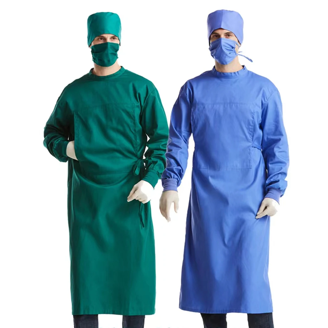 100%cotton Surgical Gown Washable Reusable Gown with Long Sleeve Elastic Cuff Unisex Cotton OEM style