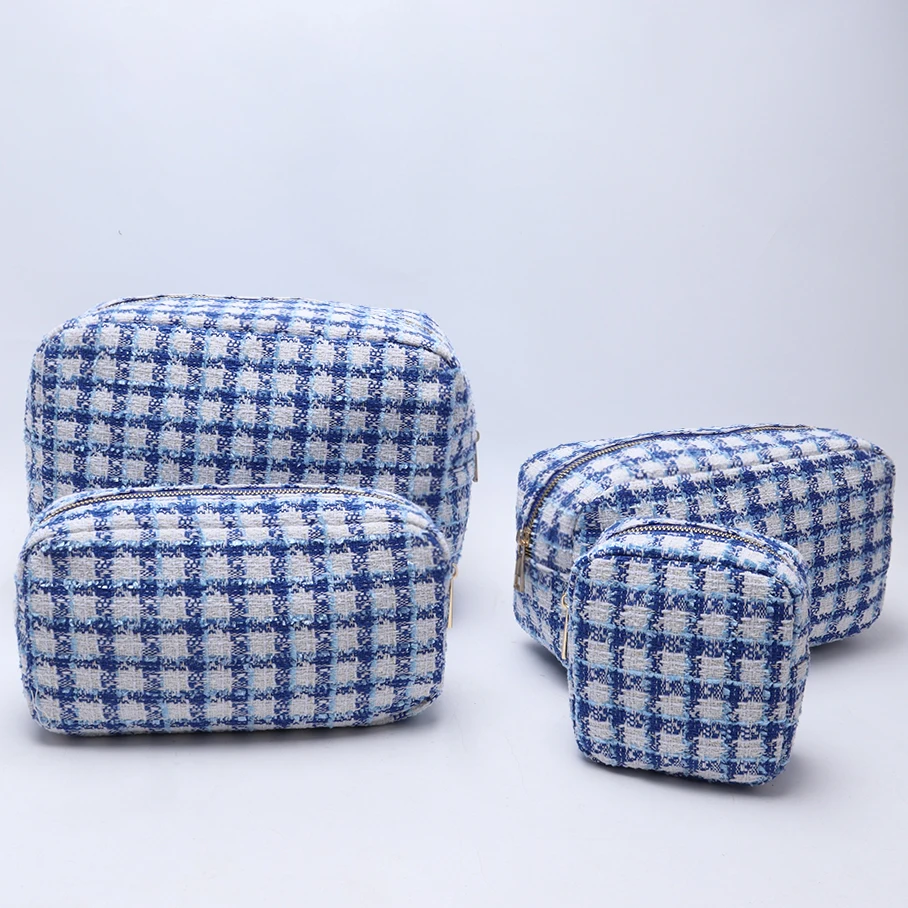 Keymay Stock NO MOQ Premium Tweed cosmetic make up case bag for Ladies Multi Use Pouch Large Capacity Zipper Pouches Custom