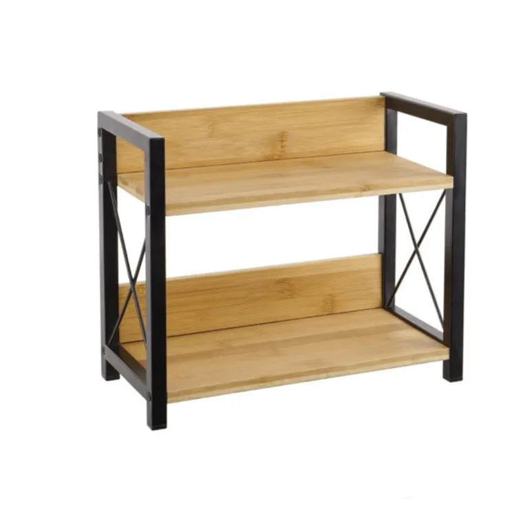 Bamboo Countertop Shelf Wood Coffee Counter Organizer 2 Tier Kitchen Wooden Spice Rack with Storage