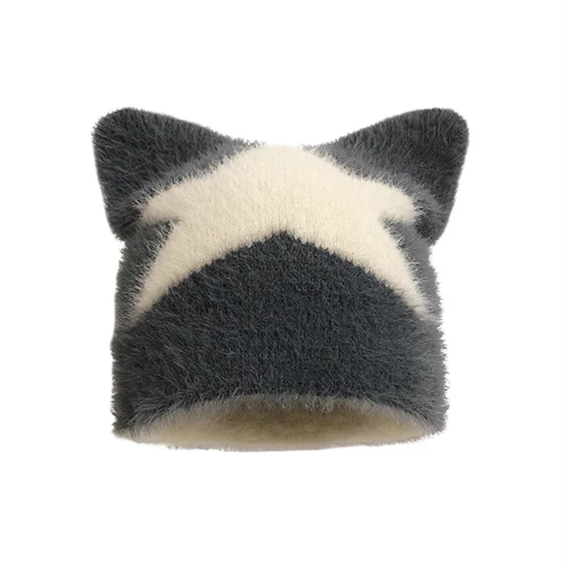 Шерстяная шапка для взрослых с пятиконечной звездой и милыми кошачьими ушками осень-зима новый узор теплая мужчин женщин-для путешествий