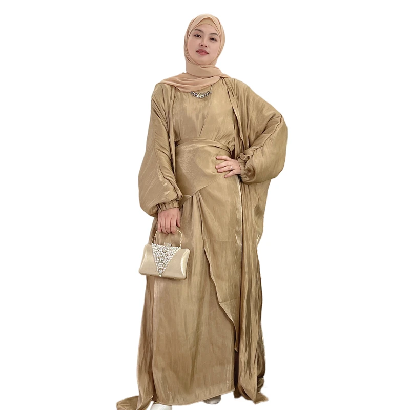 Latest 3 Piece Dubai Islamic Dress Set Muslim Women Clothes with Long Puff Sleeve Abaya Inner Dress and Hijib