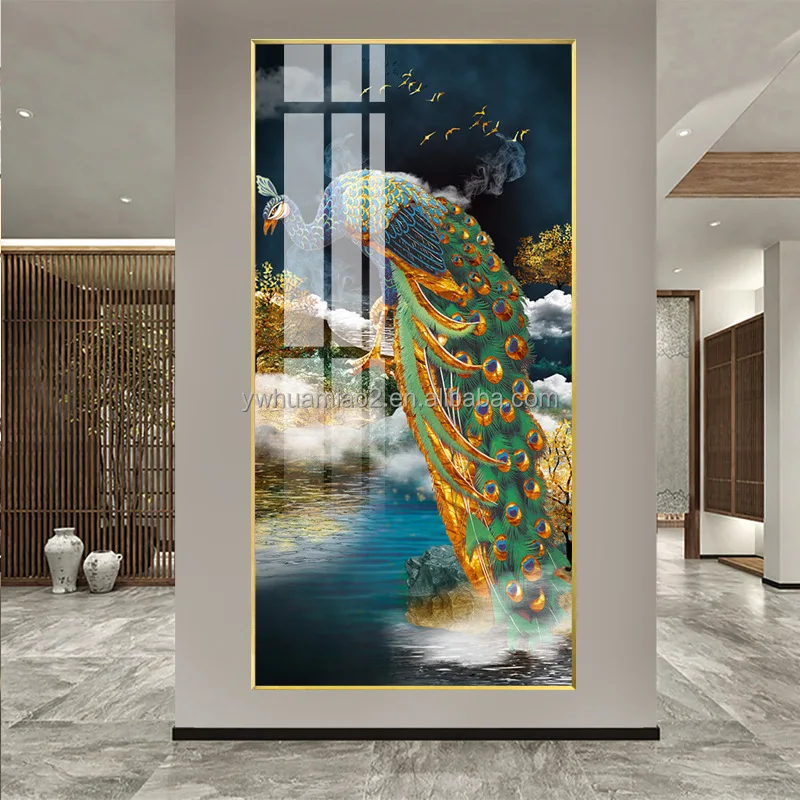 Hot Sale Luxury Noble Modern Peacock Animal Cuadros wall peacock bird  paintings canvas art crystal porcelain  home decorative