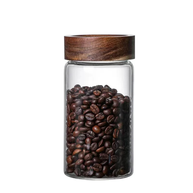 Eco Friendly Kitchen Spice Herb Coffee Bean Cookie Glass Clear Coffee Storage Container Jar with Acacia Wood Lid