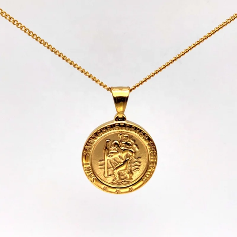 MECYLIFE Stainless Steel Gold Plated Medallion Saint Christopher Protect Us Religious Jewelry Men Coin Necklace