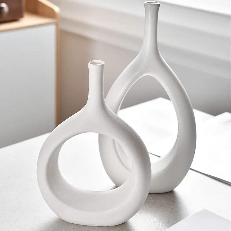 Elegant Matt White And Black Water Drop Round Nordic Hollow Out Ceramic Vase