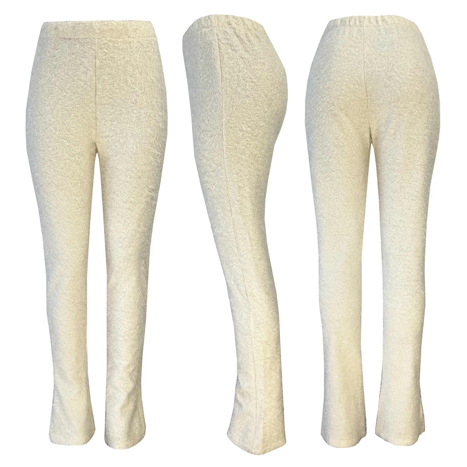 hot selling women solid faux fur long pants fall winter hot skinny pants knitted flared pants trousers