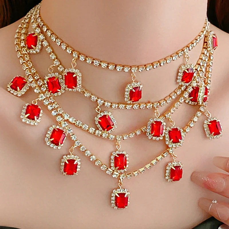 2024 Fashion Jewelry Vintage antique diamond studded tassel necklace retro crystal gemstone red diamond layered necklaces