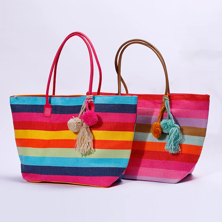 Handmade Lovely Travel Paper Fabric Tote Bag Rainbow Color Striped Pattern Beach Bags With Fluffy Tassels