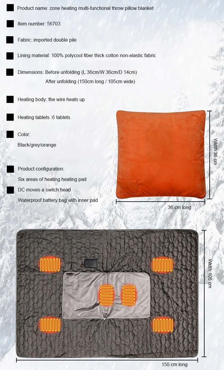 usb electric warm winter 2 in 1 foldable travel blanket and pillow set