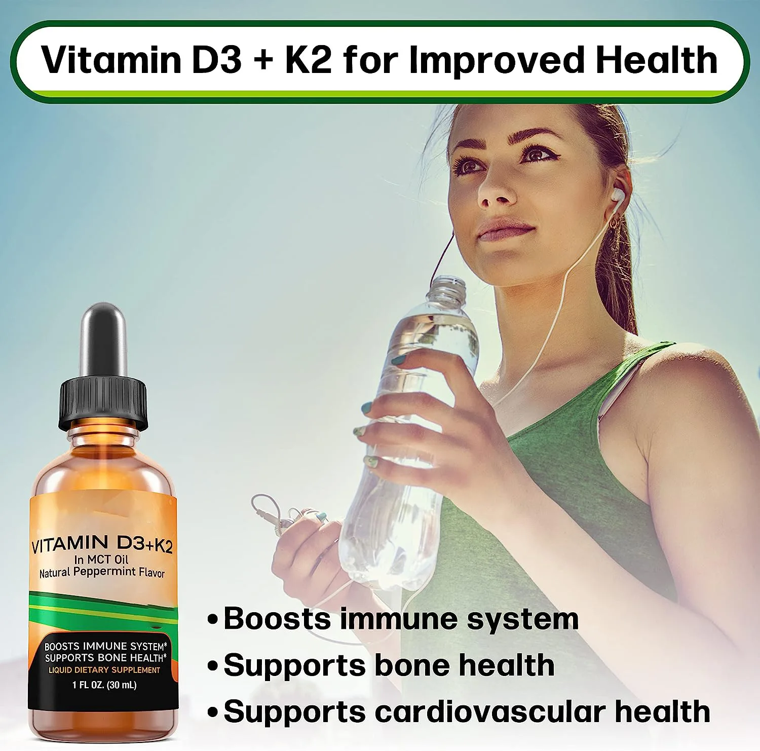 OEM Private Label Vegan Oral Liquid Supplements for Immune Support Zinc Calcium Iron Vitamin D3 K2 Drops in Bottle GMP Certified