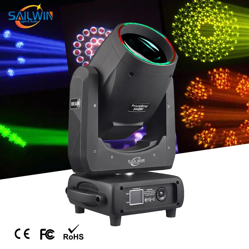 SAILWIN 300W Lyre 15R Moving Head Light UV LED Ring 4 Prism IP20 Beam Projector GOBO SPOT Stage Lighting DMX Control DJ Club