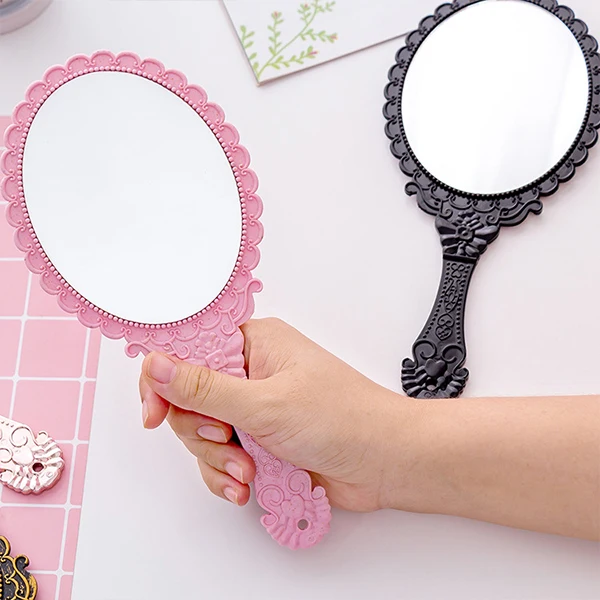 Pink Black handle makeup mirror cute Vintage Handheld Mirror plastic cosmetic mirror