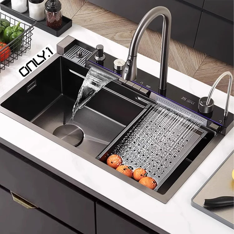 Discount Luxury Anti Scratch LED Digital Display Waterfall Kitchen Sink with Cup Washer Soap Dispenser Silver Carton Box MULLER