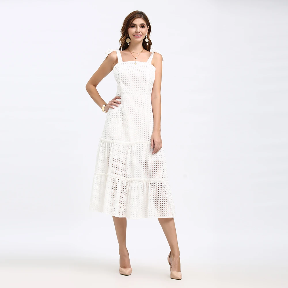 Vestidos Elegantes Women Solid White Dress Ladies Backless Bow Shoulder Strap Midi Skirt Hollow Out Casual Summer Women Dress