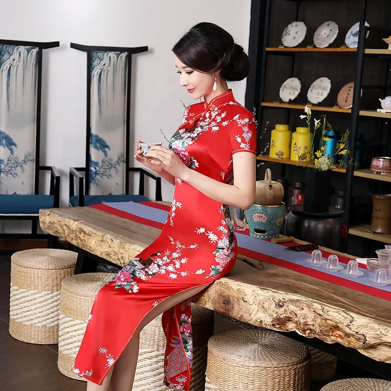 
wholesale Chinese silk Qipao newest sexy short sleeve cheongsam long luxury prom dress for women 