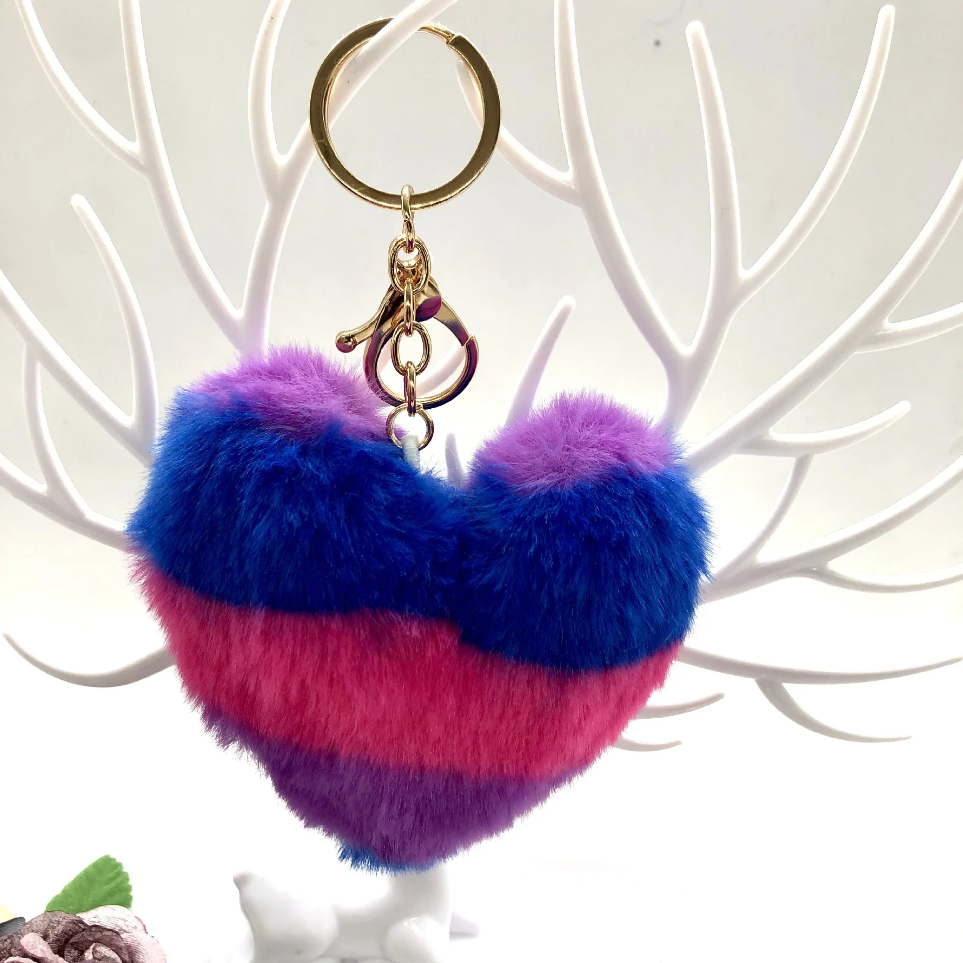 fluffy personalized heart shaped fur pompom keychain  color heart shape cute custom fake  fur pom pom  keychain