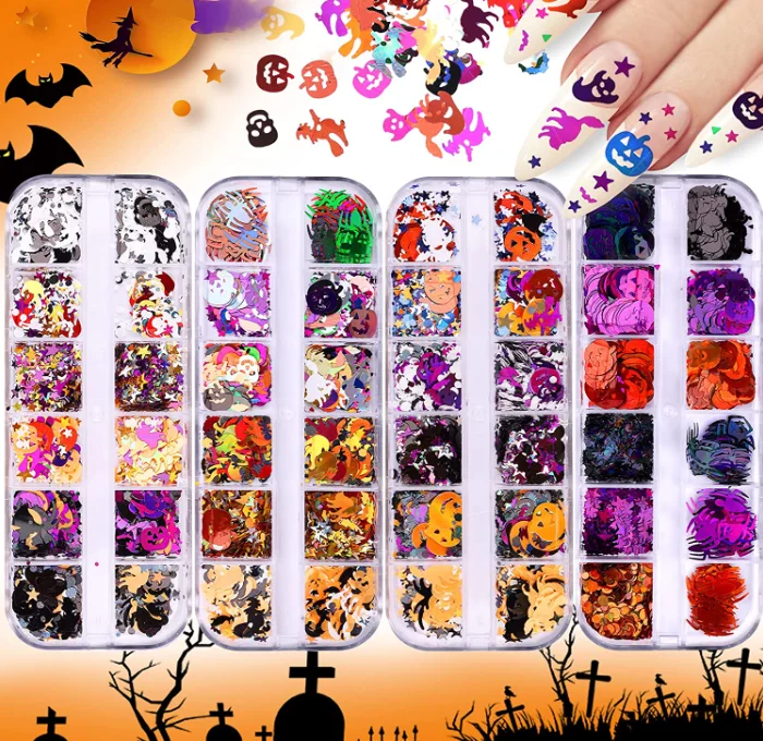 3D Halloween Nail Art Glitter Sequins Flakes Gold Black Bat Skull Spider Pumpkin DIY Nail Art Decor Design Sequins For Women