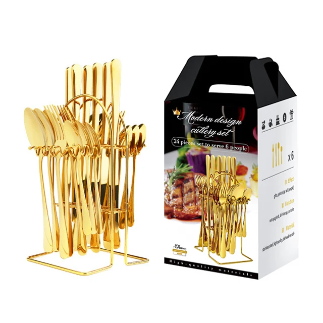 Amazon Best Selling Stainless Steel Knife Fork Spoon 24pcs Cutlery Gold Flatware Set With Stand Gift Box