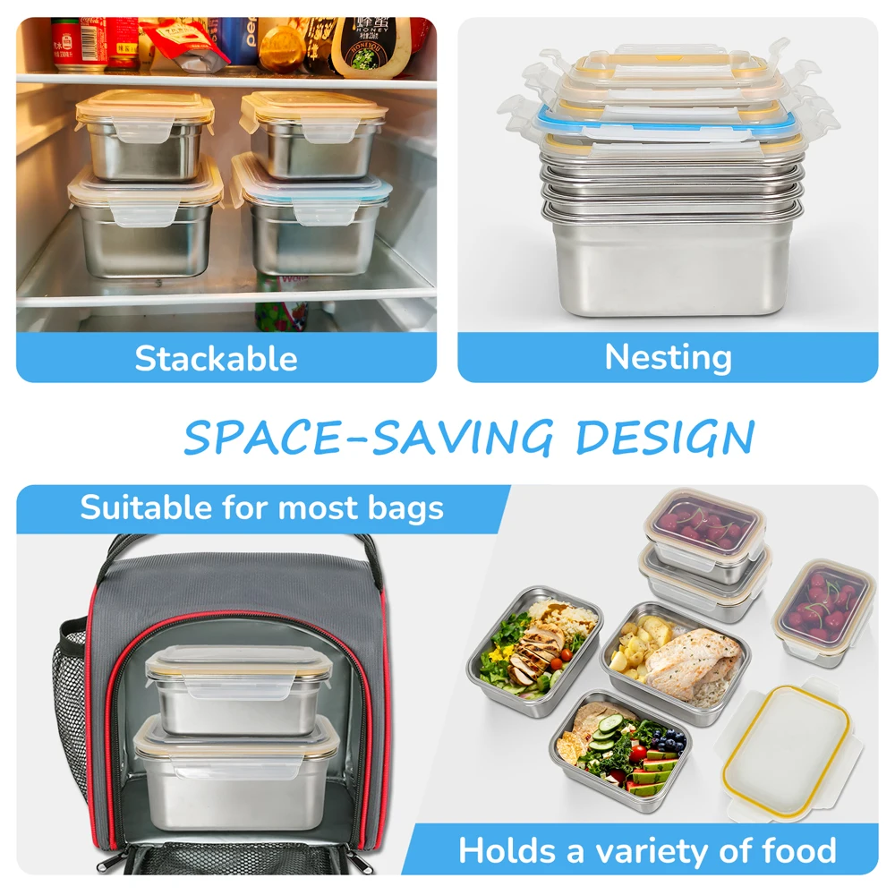 304 Stainless Steel Airtight Bento Lunch Box Lid Microwave Safe Food Grade Container Reusable Stackable Nestable Metal Meal Prep
