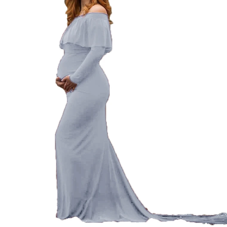 
Fall Solid Color Maternity Dresses Photography Cotton Off Shoulder Long Sleeve Maxi Dress Pregnancy Wear 