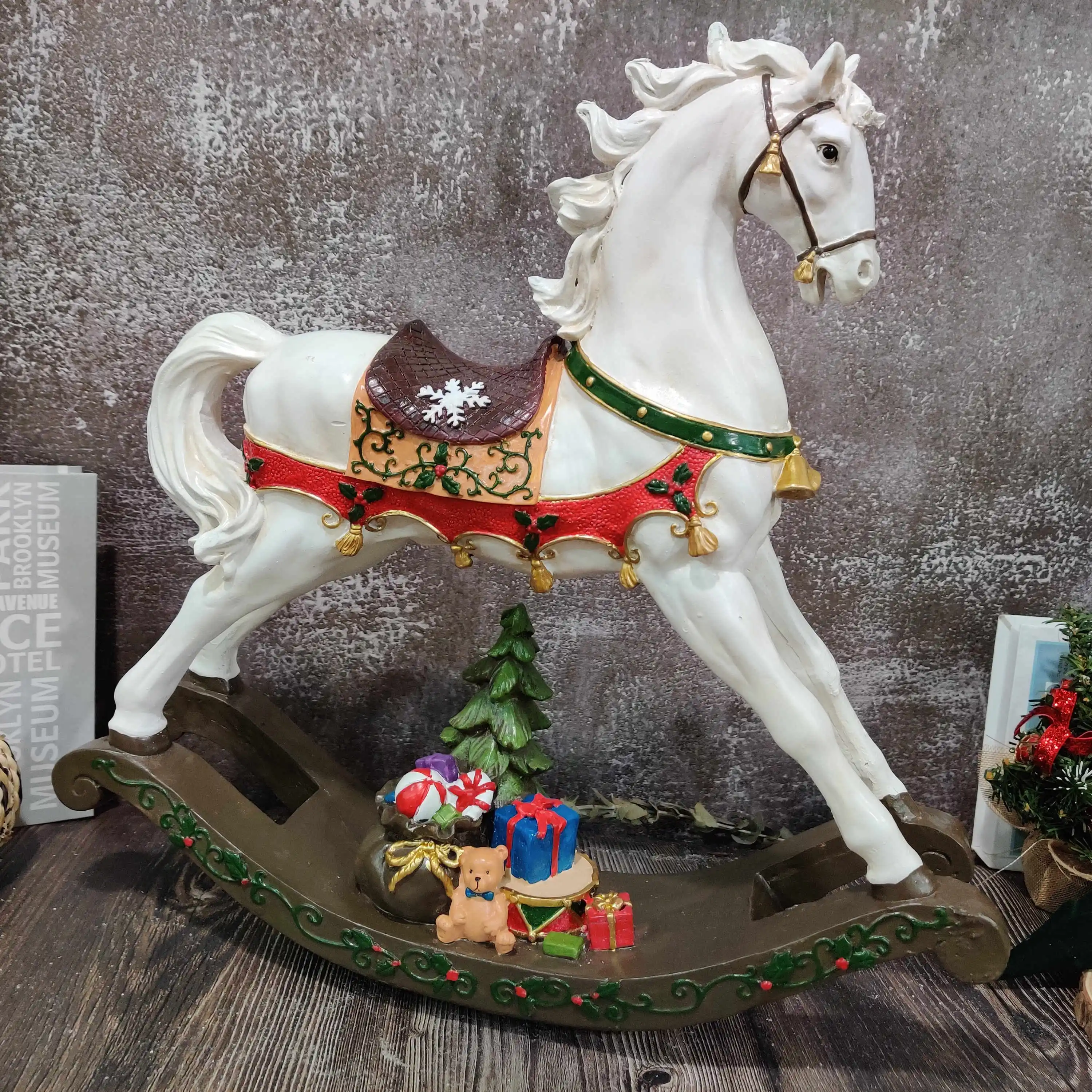 Rocking Horse Xmas Figurine Polyresin Pony Santa Statue Decoration Christmas Horse Figurine Home Ornaments For Gift