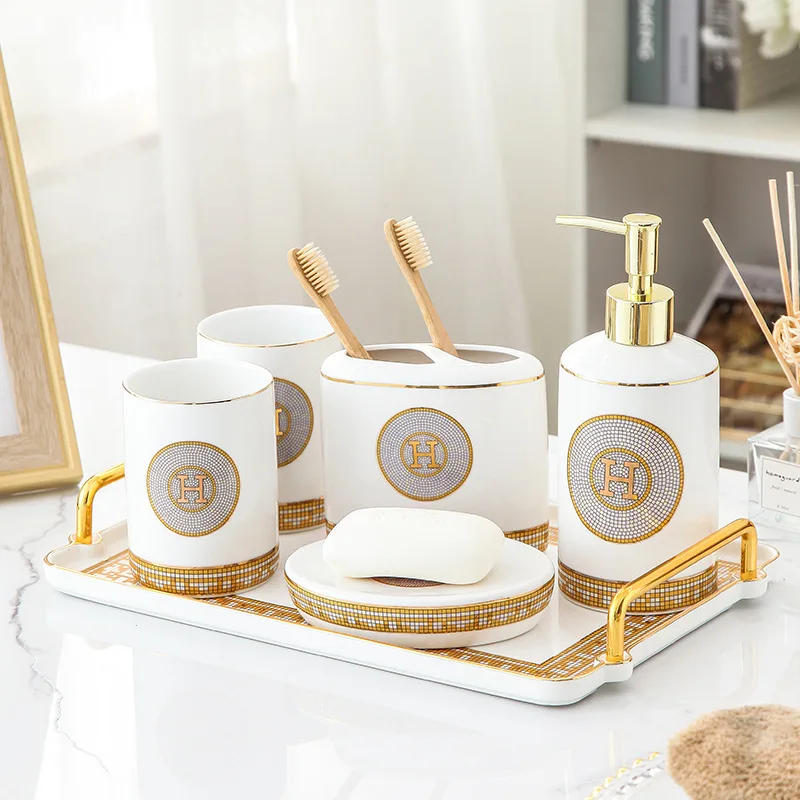 
6Pcs Golden Design Ceramic Bathroom Set Bathroom Accessories Set Ceramic Soap Dish Toothbrush Holder 