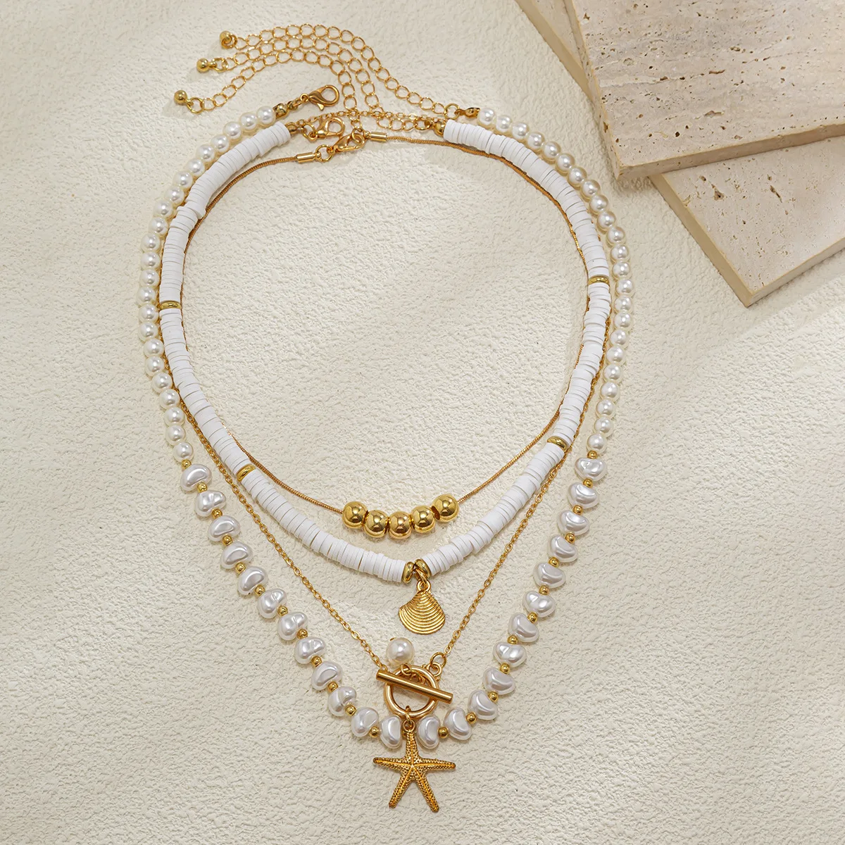 2024 Retro Fashion Ins Starfish Imitation Pearl Necklace Set Niche Alloy Irregular Multi-Layer Collarbone Chain Mainly Plastic