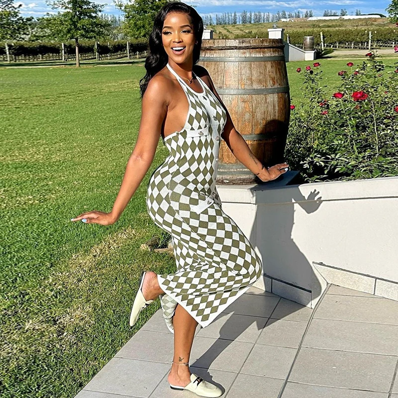 36130 Plaid Print Sleeveless Dresses Split Vintage Casual Women