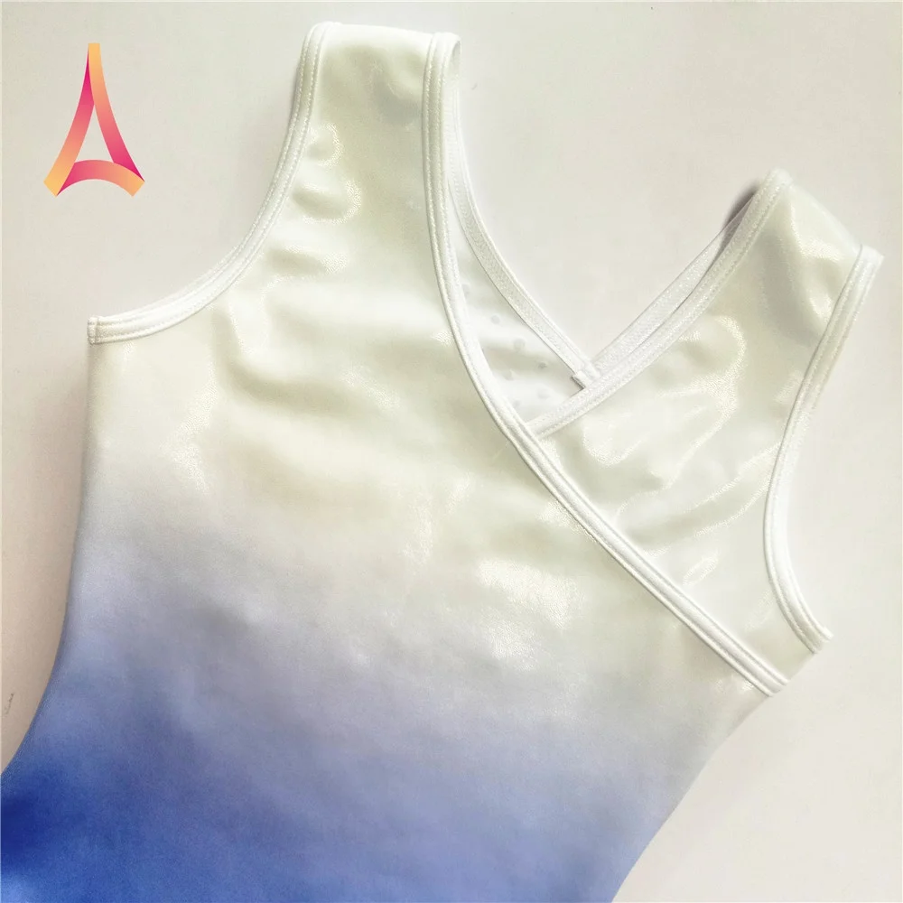 Pearl White to Blue ombre Girls Gymnastics Leotard with asymmetric neckline