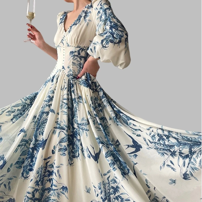 Floral Dress Long Puff Sleeve Dress For Women Printed Decorated Ballroom Dance Gown Formal Woman Clothing