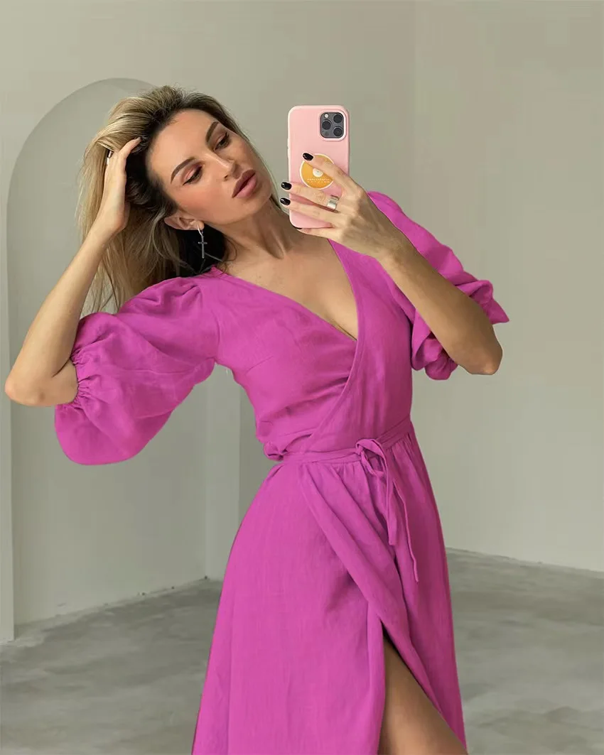2022 summer new European and American women long skirt commuter high waist dress French A-word skirt female slit dress