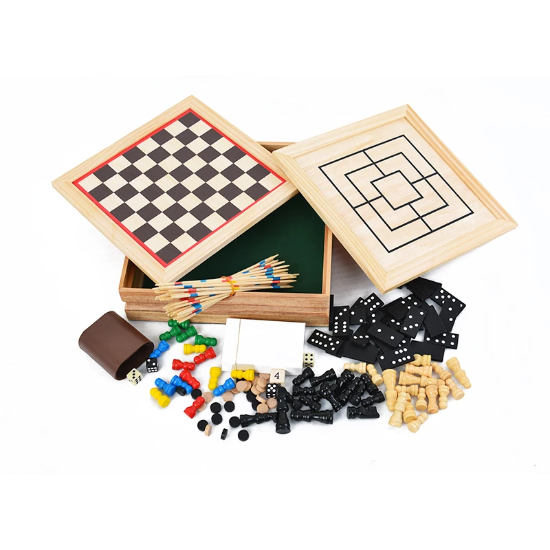 10 in 1 Woden Board Game Travel-Friendly Family Board Game Set with Backgammon, Chinese Checkers, Snakes and Ladder