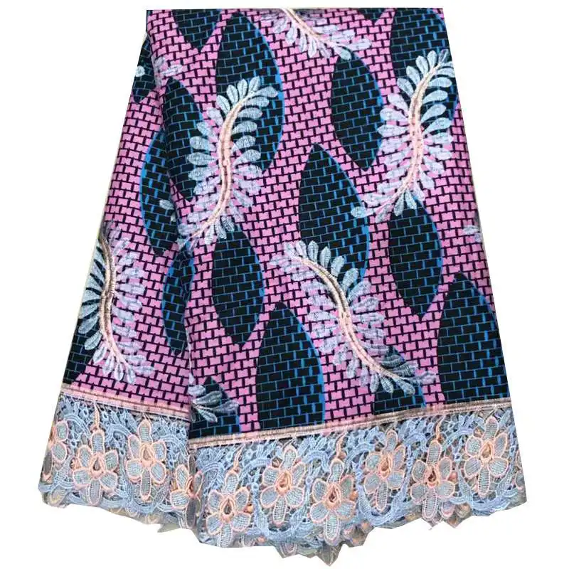 100% cotton wax fabric mixing embroidery lace fabric fashion african wax lace cloth 6 yards for women party