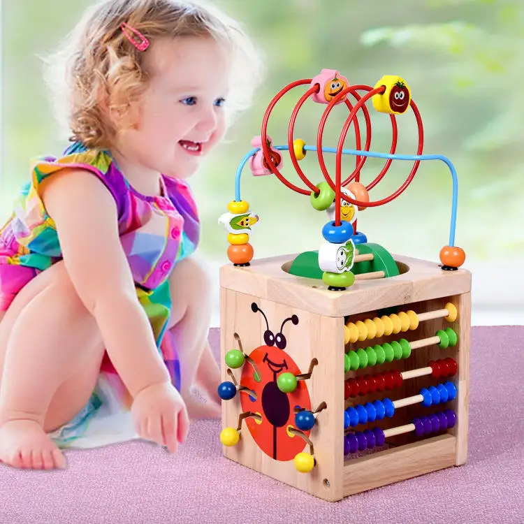 Unisex Multi-functional Four-Sided Bead Beetle Treasure Box Beaded Calculation Rack Educational Wooden Toy for Children 1 Set