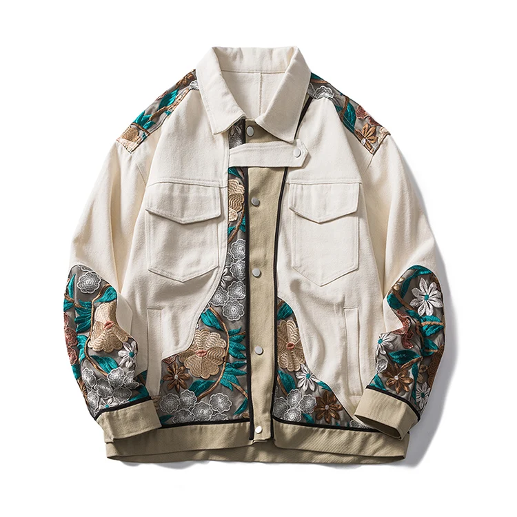 varisty New Arrival Custom Square Collar Floral Logo Embroidered Mens Cotton Color Block Vintage Bomber Jackets