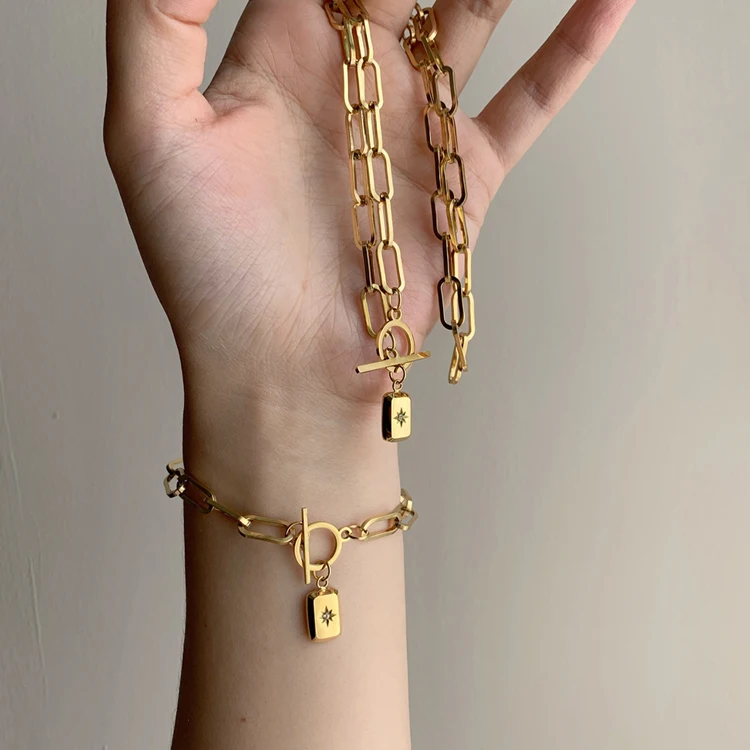 18K, позолота, нержавеющая сталь, Скрепка цепи звезда кулон ожерелье браслет для женщин
