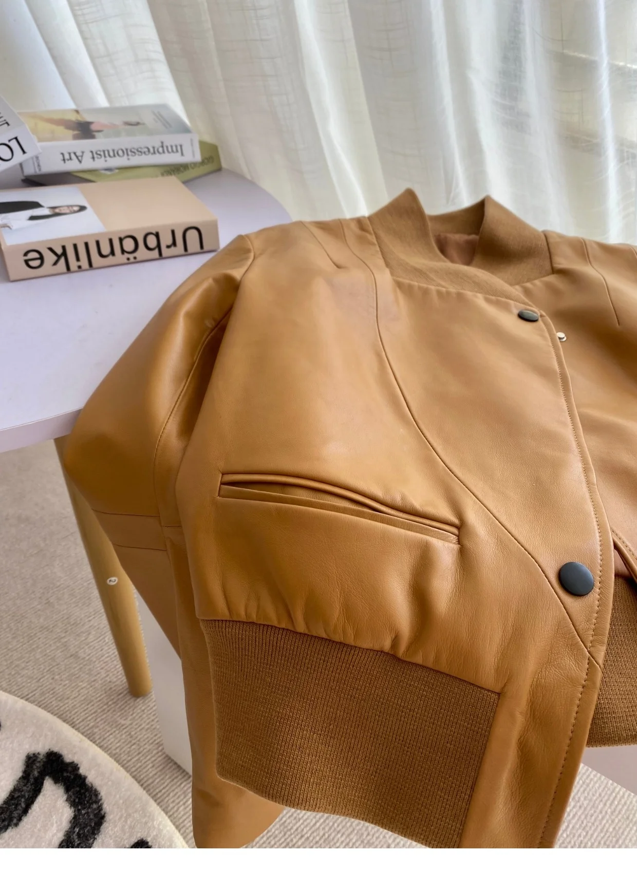 Short Stand Knitting Collar and Bottom Women Sheepskin Genuine Crop Leather Jacket Women