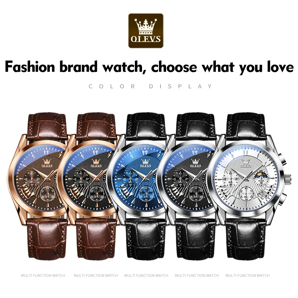OLEVS Luxury Leather Brown Chronograph Watches for Men Quartz Wholesale Supplier Brand Wristwatches