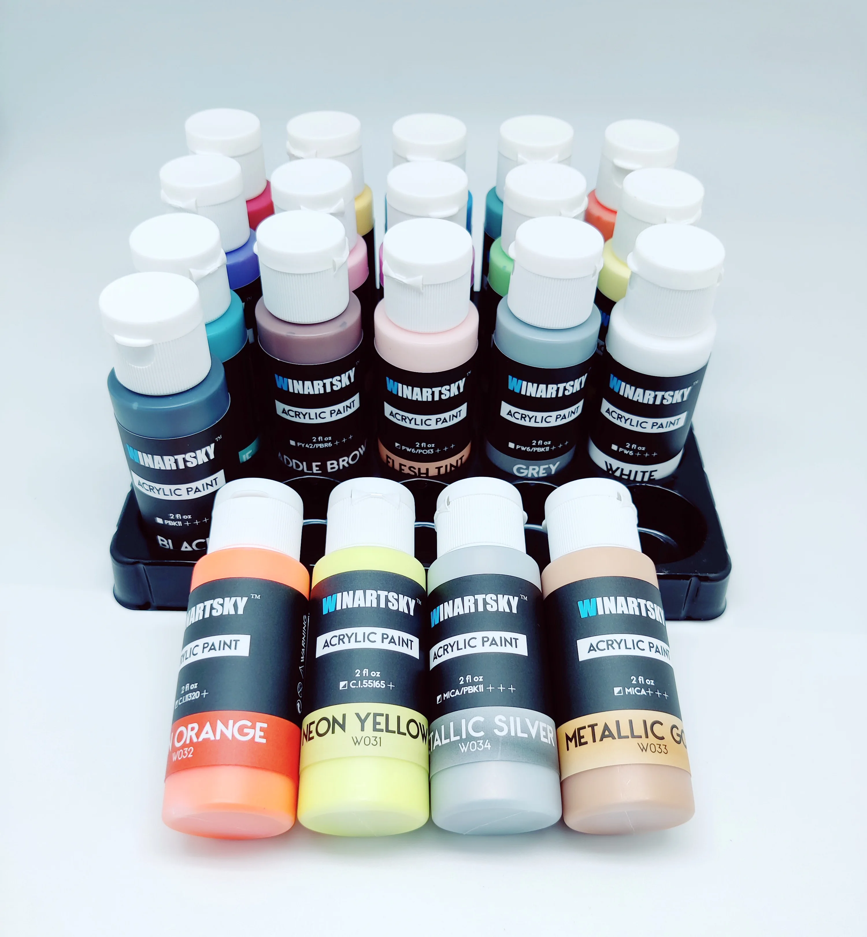 20 Colours Acrylic Paint Set, 60 ml per Bottle With 3 Extra Brushes, Ideal For Canvas, Paper, Wood, Stone, Ceramic, Modelling