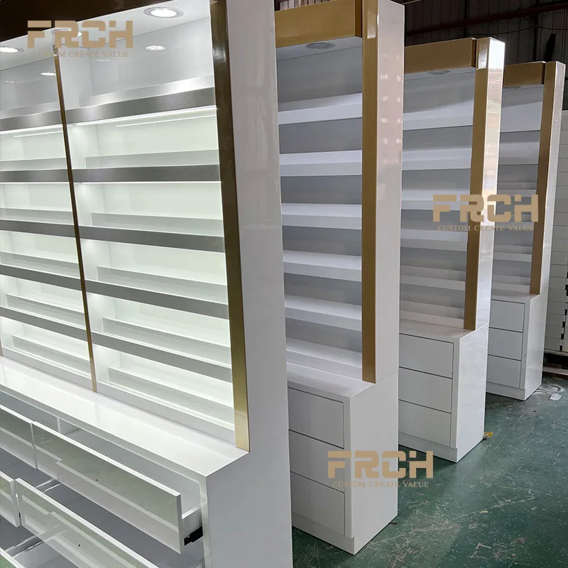 Custom Wood Nail Bar Gel Nail Polish & Powder Cosmetic Shelf Cabinet Display Floor Stand Rack