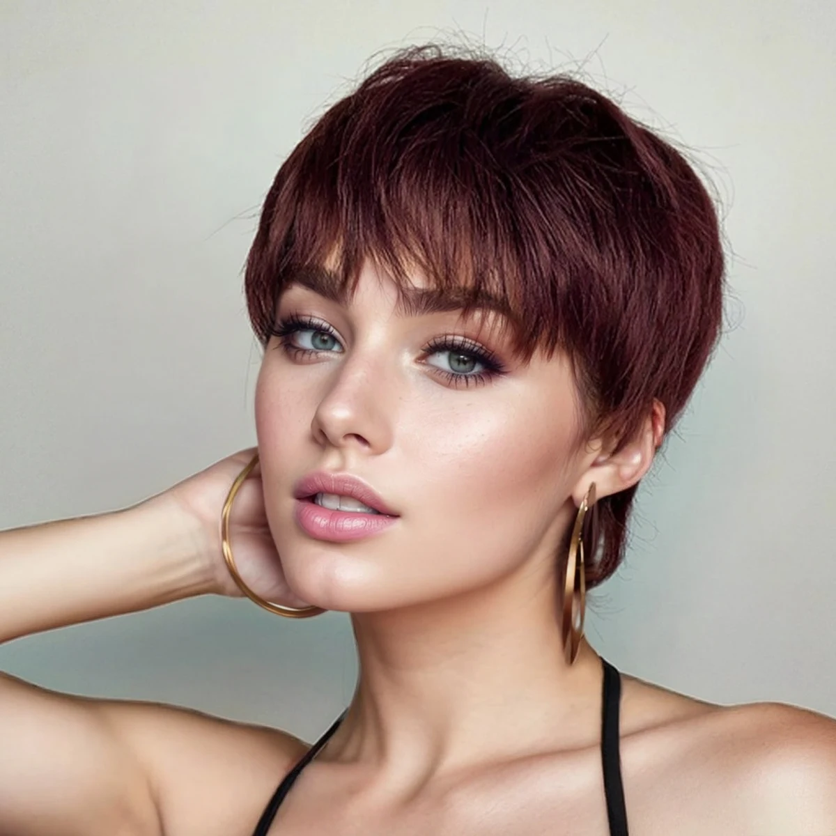 Pixie Cut Wigs Synthetic Short Wine Red Pixie Haircut Wig with Bangs Glueless Layered Wavy Wigs for Women 99J