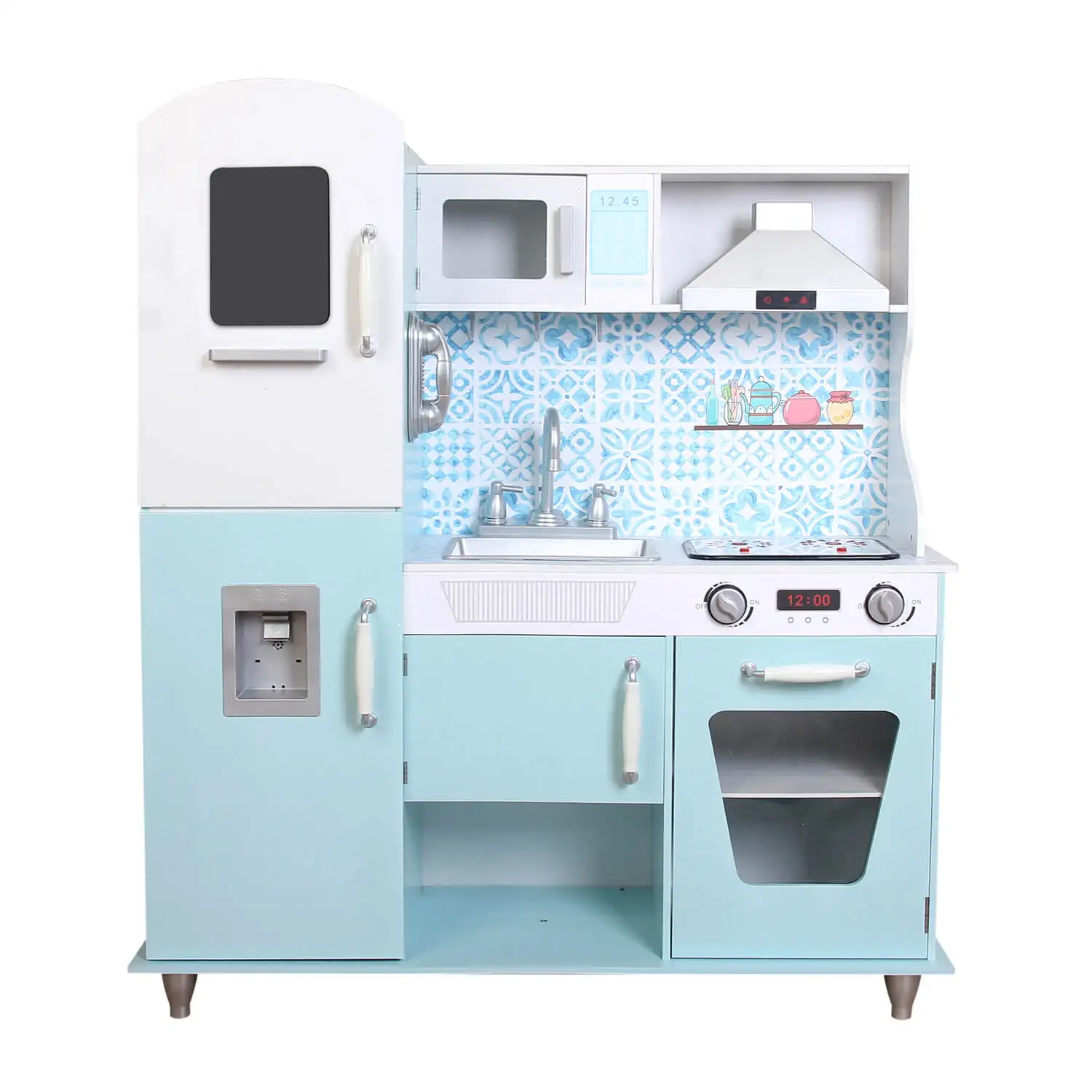 Retro Wooden Play Kitchen and Refrigerator 2-Piece Set with Faucet, Sink, Burners and Working Knobs, Pink, Gift for Ages 3+