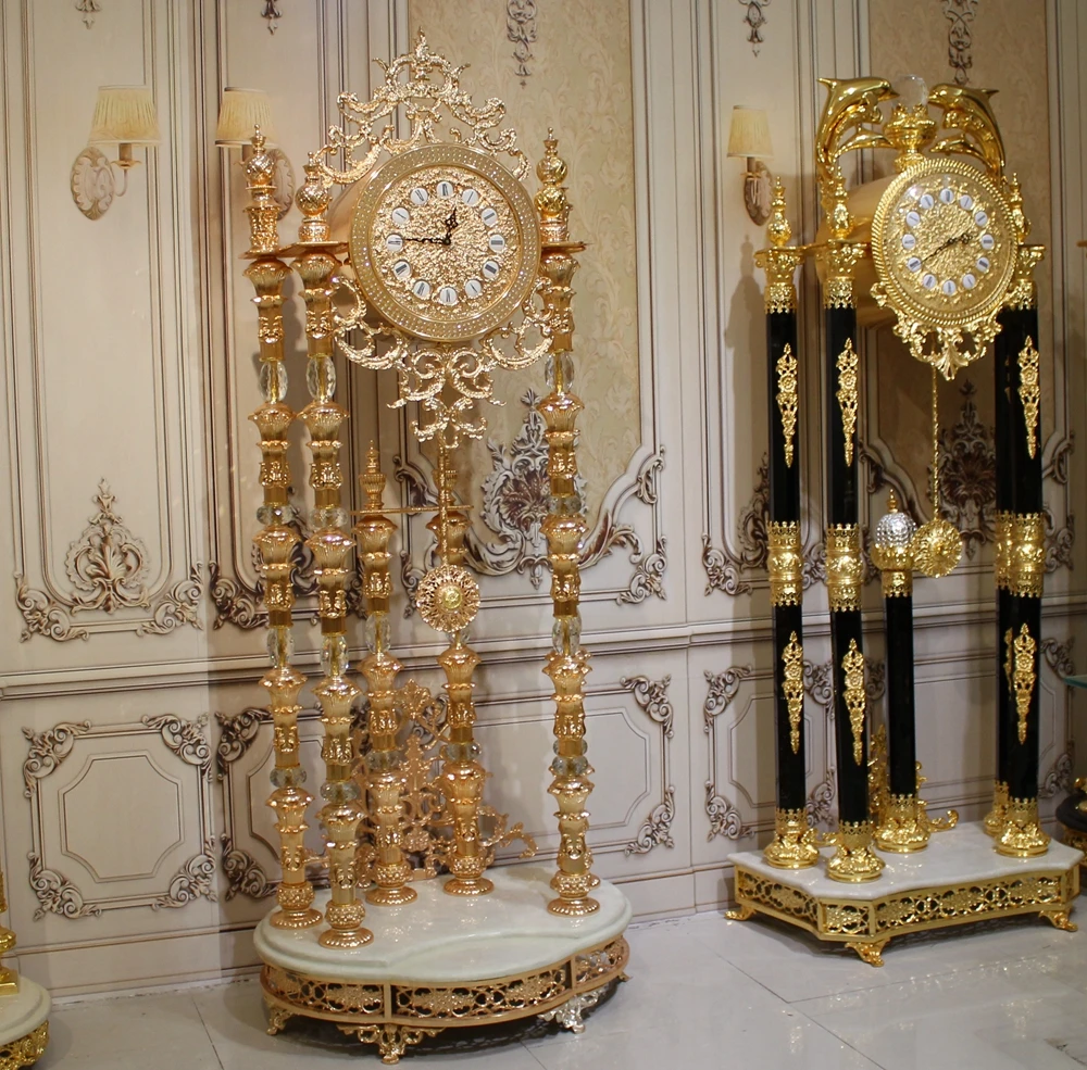 Luxury Golden Bronze Grandfather Clock Royal Crystal Standing Clock Antique Floor Clock