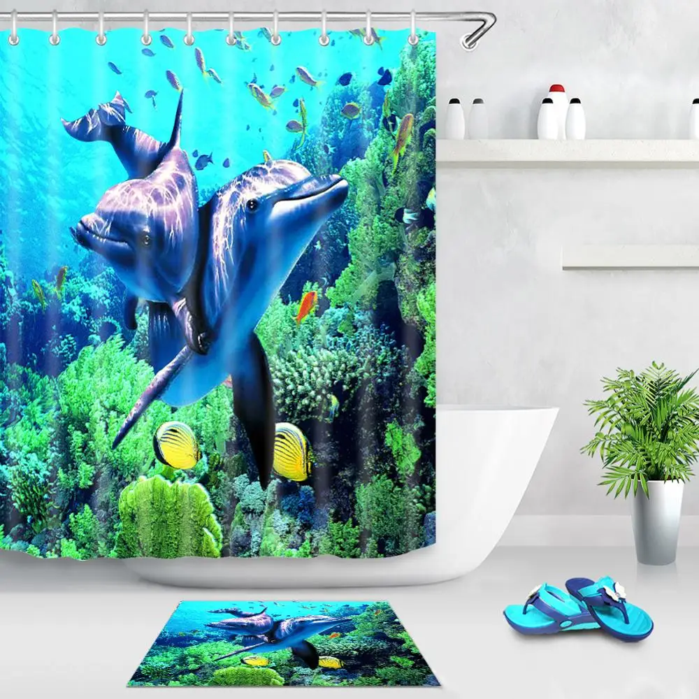 Yutong Ready Made 90gsm Polyester 3D Printing Curtain Waterproof Fabric Bathroom Printed Sea World Dolphin Coral Shower Curtains