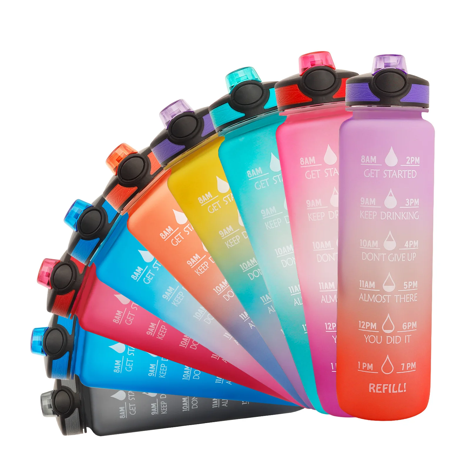 1L tritan wear-resistant gradient color can be filled with boiling water bpa free sports motivational water bottle with straw